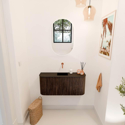 Mondiaz JOYA 93.2cm meuble de salle de bains - arrondi gauche et droite couleur Walnut - Vasque FAYE position Milieu Sans trou de robinet couleur Urban SW1421393