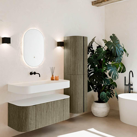 MONDIAZ THOR 110cm badmeubel ronding links + rechts kleur Shadow met 1 lade en 2 deuren. Vrijhangende wastafel CLOUD Midden zonder kraangat kleur Talc. SW1462839