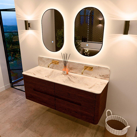 Mondiaz CIRO-DLUX Badkamermeubelset - 140x45x50cm - Solid surface wastafel Frappe - 2 wasbak Dubbel - zonder kraangaten - 4 lades - Ruby SW1531309