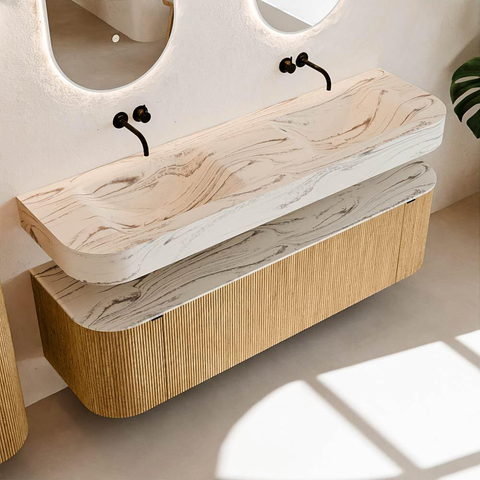 MONDIAZ THOR-DLUX 160cm badmeubel ronding links + rechts kleur Oak met 1 lade en 2 deuren. Vrijhangende wastafel CLOUD Dubbel zonder kraangat kleur Nata. SW1465252