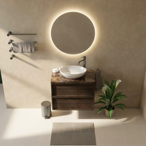 Saniclass Holz Frame Ensemble meuble de salle de bains - 80x45x63cm - Plan de travail en pierre naturelle Noche dark emperador - 1 trou de robinetterie - 2 tiroirs - chêne charcoal mat (bois) SW1579904
