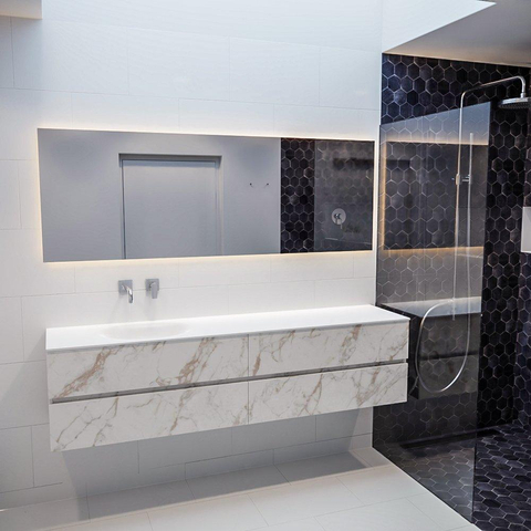 MONDIAZ VICA Ensemble de meuble salle de bain - 200cm - 4 tiroirs - lavabo Moon gauche - 0 trous de robinet - solid surface marbre carrara SW410403
