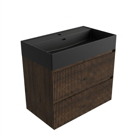 Saniclass Holz Atelier Badkamermeubelset - 80x45x72cm - Legend keramische wastafel mat zwart - 1 wasbak - zonder kraangat - 2 lades - mat eiken charcoal (hout) SW1579625