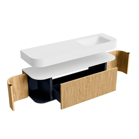 MONDIAZ THOR 150cm badmeubel ronding links + rechts kleur Oak met 1 lade en 2 deuren. Vrijhangende wastafel CLOUD Rechts zonder kraangat kleur Talc. SW1464607