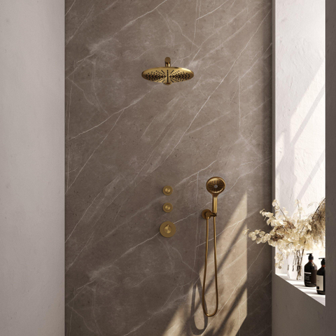 Brauer Gold Edition Ensemble de douche pluie encastré - douche principale 30cm - 3 boutons lisses - bras mural droit - douchette ronde 3 positions - PVD - or brossé SW547701