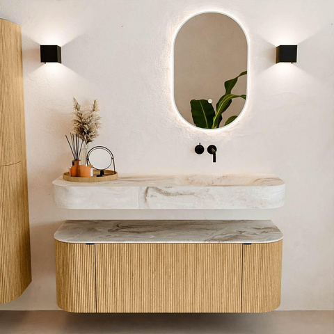 MONDIAZ THOR-DLUX 130cm meuble de salle de bains arrondi gauche + droite couleur Chêne avec 1 tiroir et 2 portes. Vasque suspendue CLOUD Droite sans trou de robinet couleur Frappe. SW1463693