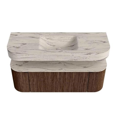 MONDIAZ THOR-DLUX Meuble de salle de bains 130cm arrondi gauche + droite couleur Walnut avec 1 tiroir et 2 portes. Vasque suspendue CLOUD Milieu sans trou de robinet couleur Nata. SW1463861