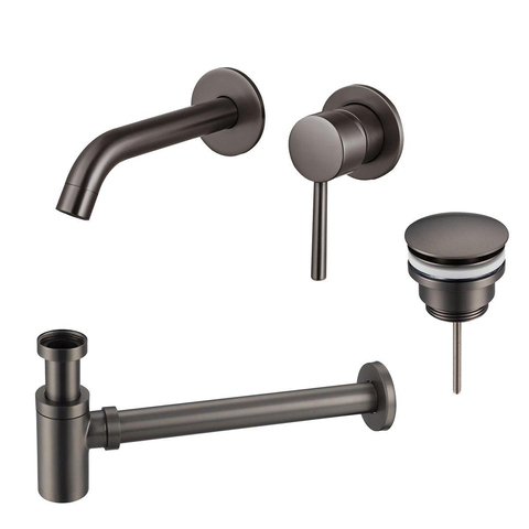 Fortifura Calvi Wastafelkraanset - inbouw wastafelkraan - klikwaste plug - verlaagde design - sifon - PVD - geborsteld gunmetal (antraciet) SW891978