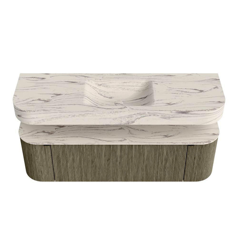 MONDIAZ THOR-DLUX 150cm meuble de salle de bains arrondi gauche + droite couleur Shadow avec 1 tiroir et 2 portes. Vasque suspendue CLOUD Milieu 1 trou de robinet couleur Nata. SW1464809