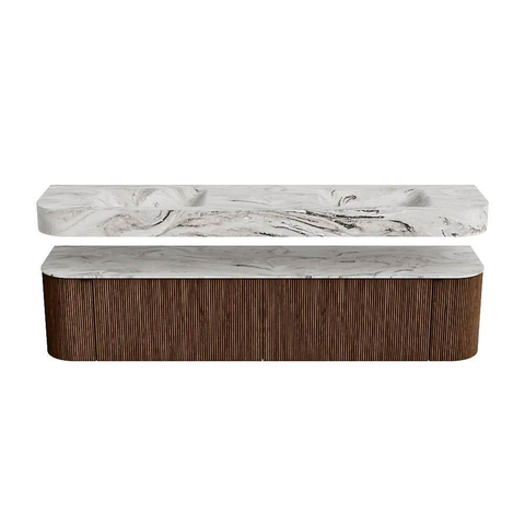 MONDIAZ THOR-DLUX 200cm badmeubel ronding links + rechts kleur Walnut met 2 lades en 2 deuren. Vrijhangende wastafel CLOUD Dubbel zonder kraangat kleur Glace. SW1466998