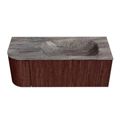MONDIAZ KURVE-DLUX Meuble de salle de bains 115cm arrondi à gauche couleur Ruby avec 1 tiroir et 1 porte. Lavabo BIG SMALL à droite sans trou de robinet Oza. SW1432782