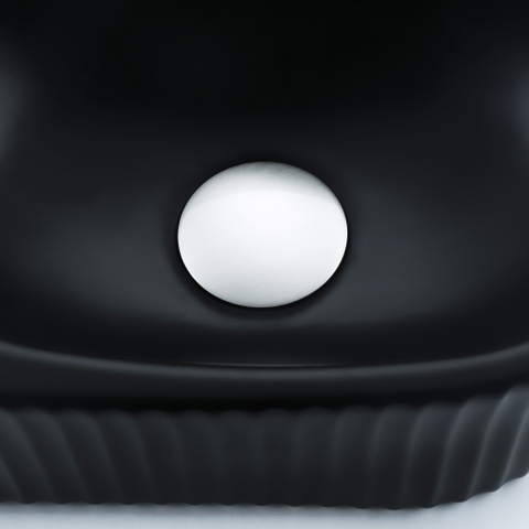 QeramiQ Fuente Ensemble de Lavabo - 40x21.5x12cm - strié - demi-rond - céramique - ensemble de robinet en acier inoxydable brossé - bouchon de vidange - siphon réduit - noir mat SW1233104