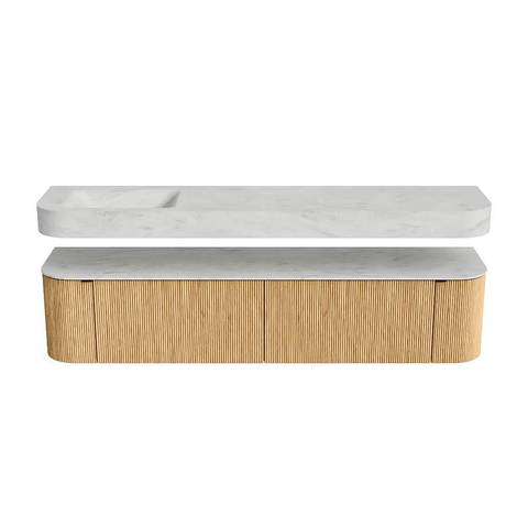 MONDIAZ THOR-DLUX 200cm badmeubel ronding links + rechts kleur Oak met 2 lades en 2 deuren. Vrijhangende wastafel CLOUD Links zonder kraangat kleur Opalo. SW1466962
