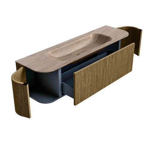 MONDIAZ KURVE-DLUX Meuble de salle de bains 160cm arrondi Gauche + Droite couleur Dusk avec 1 tiroir et 2 portes. Lavabo BIG MEDIUM Central sans trou de robinet Saba. SW1433363
