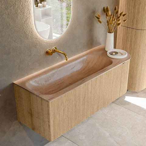MONDIAZ KURVE-DLUX meuble de salle de bains 125cm arrondi à droite couleur chêne avec 1 tiroir et 1 porte. Vasque BIG MEDIUM à gauche sans trou de robinetterie Saba. SW1433076