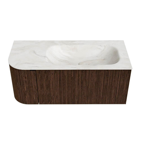 MONDIAZ KURVE-DLUX 105cm badmeubel met module 25 L kleur Walnut met 1 lade en 1 deur. Wastafel BIG SMALL rechts zonder kraangat kleur Ostra. SW1137824