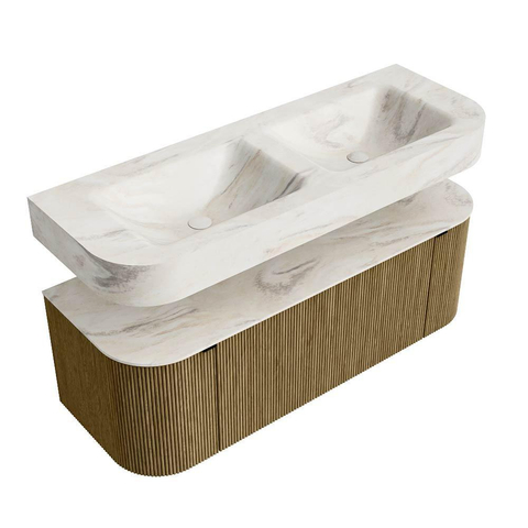MONDIAZ THOR-DLUX 130cm meuble de salle de bains arrondi gauche + droite couleur Dusk avec 1 tiroir et 2 portes. Vasque suspendue CLOUD Double 2 trous de robinet couleur Ostra. SW1463502