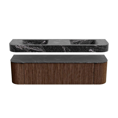 MONDIAZ THOR-DLUX 170cm meuble de salle de bains arrondi gauche + droite couleur Walnut avec 1 tiroir et 2 portes. Vasque suspendue CLOUD Double sans trou de robinet couleur Lava. SW1465595