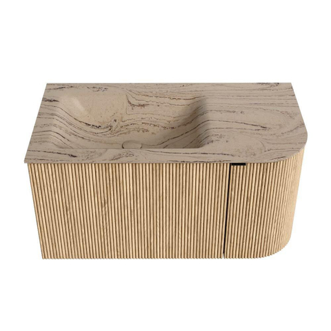 MONDIAZ KURVE-DLUX 85cm badmeubel ronding Rechts kleur Oak met 1 lade en 1 deur. Wastafel CLOUD Links zonder kraangat Arena. SW1431080