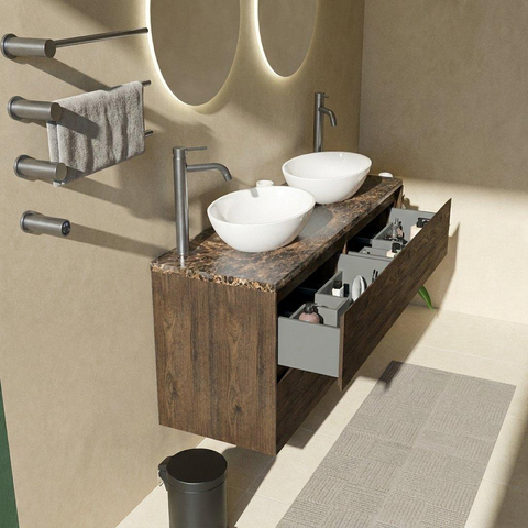 Saniclass Holz Pure Badkamermeubelset - 140x45x63cm - Noche natuurstenen topblad dark emperador - 2 kraangaten - 4 lades - mat eiken charcoal (hout) SW1478319