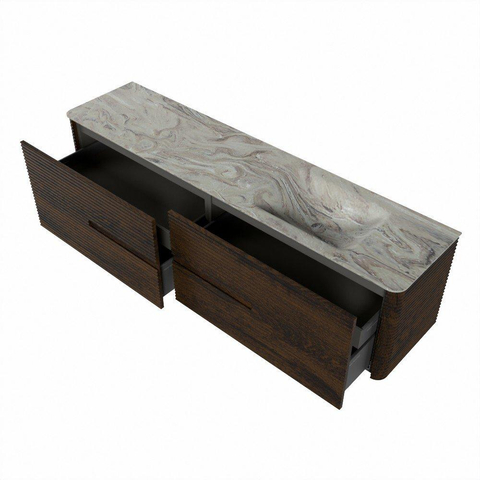 Mondiaz CIRO-DLUX Meuble de salle de bains - 190x45x50cm - plan-vasque en Solid surface Glace - 1 lavabo à droite - sans trous de robinetterie - 4 tiroirs - Noyer SW1530129