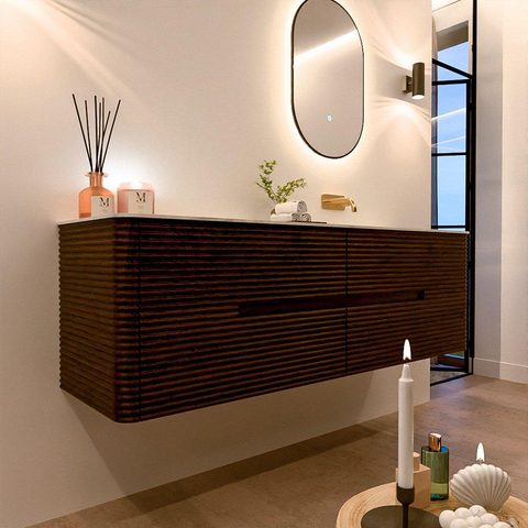 Mondiaz CIRO-DLUX Meuble de salle de bains ensemble - 160x45x50cm - plan vasque Solid surface Opalo - 1 lavabo à droite - sans trous de robinetterie - 4 tiroirs - Noyer SW1530333