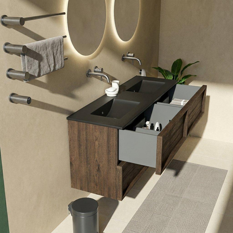Saniclass Holz Frame Badkamermeubelset - 140x45x62cm - Vygo keramische wastafel zwart - 2 wasbakken - zonder kraangaten - 4 lades - mat eiken charcoal (hout) SW1580061