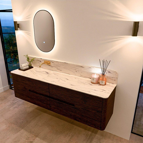 Mondiaz CIRO-DLUX Ensemble de meubles de salle de bains - 180x45x50cm - Vasque solid surface Nata - 1 lavabo à gauche - sans trous de robinet - 4 tiroirs - Noyer SW1530626