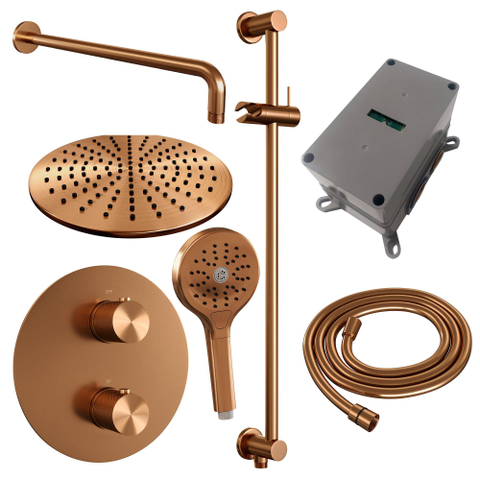 BRAUER Copper Carving douche de pluie encastrée thermostatique - 3 voies - rond - set 94 - pomme de douche 30cm - bras mural courbé - douchette 3 jets - flexible de douche - barre de douche intégrée - cuivre brossé PVD SW1159137