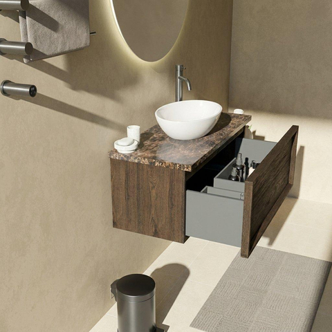 Saniclass Holz Frame Ensemble meuble de salle de bains - 100x45x43cm - Plan de toilette en pierre naturelle Noche dark emperador - 1 trou de robinet - 1 tiroir - chêne charcoal mat (bois) SW1478287