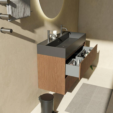 Saniclass Holz Atelier Badkamermeubelset - 100x45x72cm - Legend keramische wastafel mat zwart - 1 wasbak - 2 kraangaten - 2 lades - mat walnut pure (hout) SW1579641