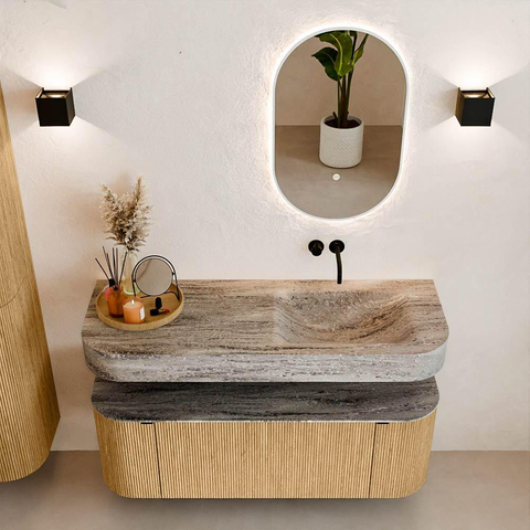 MONDIAZ THOR-DLUX 130cm meuble de salle de bains arrondi gauche + droite couleur Oak avec 1 tiroir et 2 portes. Vasque suspendue CLOUD Droite sans trou de robinet couleur Oza. SW1464004
