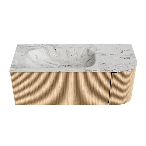 MONDIAZ KURVE-DLUX 115cm badmeubel met module 25 R kleur Oak met 1 lade en 1 deur. Wastafel BIG SMALL links zonder kraangat kleur Glace. SW1137970
