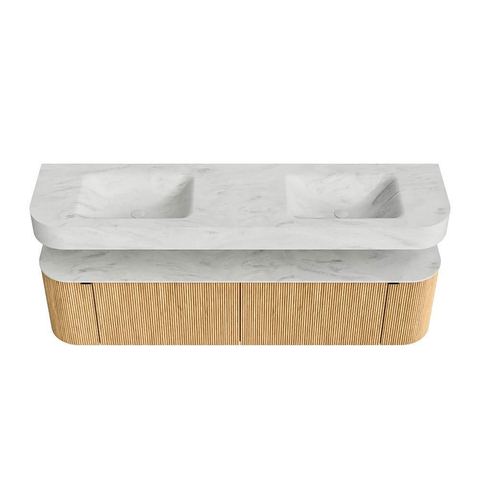 MONDIAZ THOR-DLUX 180cm badmeubel ronding links + rechts kleur Oak met 2 lades en 2 deuren. Vrijhangende wastafel CLOUD Dubbel zonder kraangat kleur Opalo. SW1465909