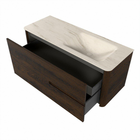 Mondiaz CIRO-DLUX Meuble de salle de bains - 120x45x50cm - Plan vasque solid surface Meli - 1 vasque à droite - 1 trou de robinet - 2 tiroirs - Noyer SW1530483