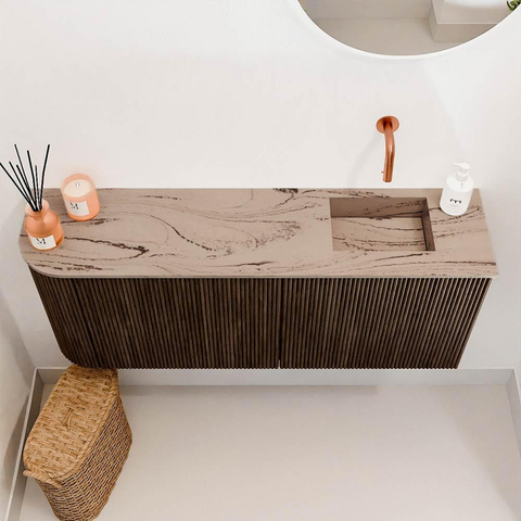 Mondiaz JOYA-DLUX Meuble de salle de bains 101.6cm - arrondi gauche couleur Walnut - Vasque FAYE position Droite Sans trou de robinet couleur Arena SW1424373