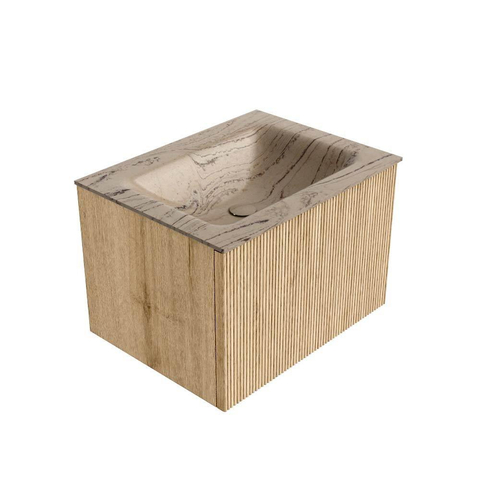 MONDIAZ KURVE-DLUX 60cm badmeubel kleur Oak met 1 lade en 0 deuren. Wastafel CLOUD Midden zonder kraangat Arena. SW1431078