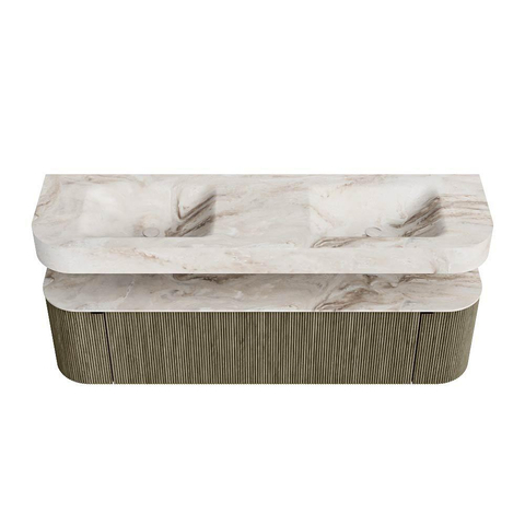 MONDIAZ THOR-DLUX 170cm meuble de salle de bains arrondi gauche + droite couleur Shadow avec 1 tiroir et 2 portes. Vasque suspendue CLOUD Double sans trou de robinet couleur Frappe. SW1465504