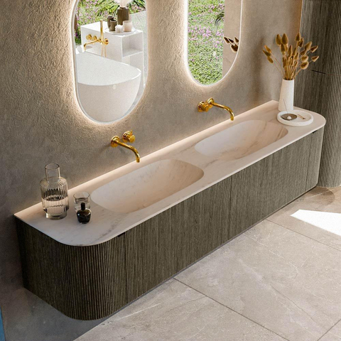 MONDIAZ KURVE-DLUX meuble de salle de bains 200cm arrondi Gauche + Droite couleur Shadow avec 2 tiroirs et 2 portes. Lavabo STOR SMALL Double sans trou de robinet Meli. SW1431856