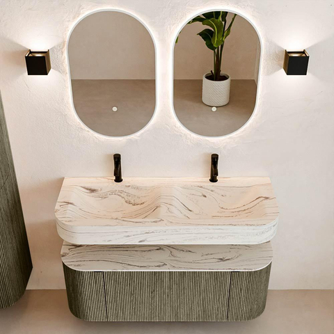 MONDIAZ THOR-DLUX 120cm badmeubel ronding links + rechts kleur Shadow met 1 lade en 2 deuren. Vrijhangende wastafel CLOUD Dubbel 2 kraangaten kleur Nata. SW1463418