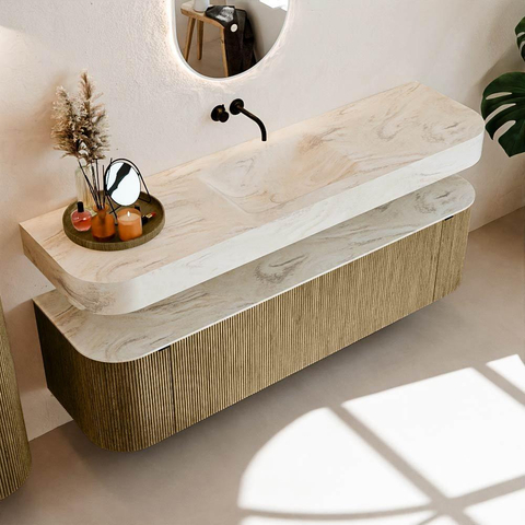 MONDIAZ THOR-DLUX Meuble de salle de bains - 170cm - arrondi gauche + droite - couleur Dusk - 1 tiroir - 2 portes - Vasque suspendue CLOUD Milieu sans trou de robinet - couleur Ostra SW1465626