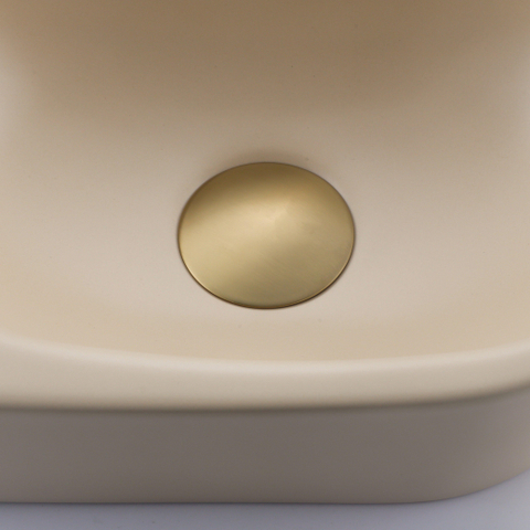 QeramiQ Fuente fonteinset – halfrond – 40x21.5x12 cm – keramiek beige – kraangat links – geborsteld gouden kraan SW1232823