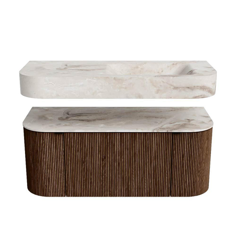 MONDIAZ THOR-DLUX 110cm badmeubel ronding links + rechts kleur Walnut met 1 lade en 2 deuren. Vrijhangende wastafel CLOUD Rechts 1 kraangat kleur Frappe. SW1462809