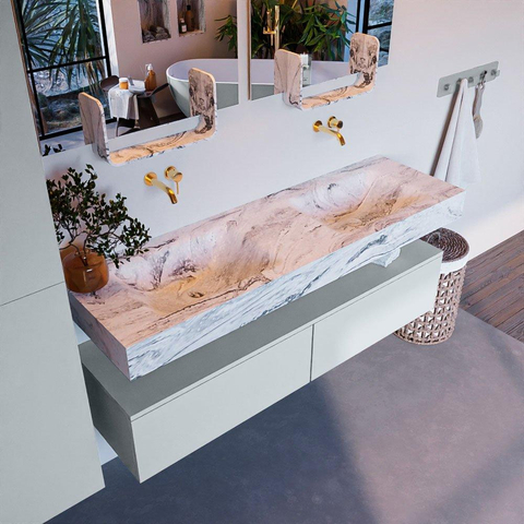 Mondiaz ALAN-DLUX Ensemble de meuble - 150cm - meuble Clay mat - 2 tiroirs - Lavabo Cloud Glace suspendu - vasque Gauche et droite - 0 trous de robinet SW806455