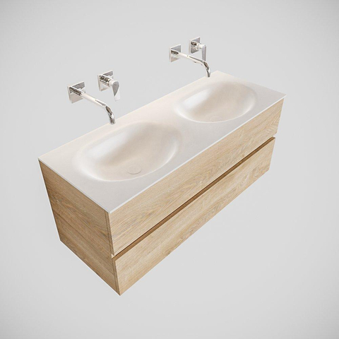 ENSEMBLE DE MEUBLE MONDIAZ VICA - 120cm - 2 tiroirs - lavabo Moon double - 0 trou de robinet - solid surface chêne blanchi SW409955