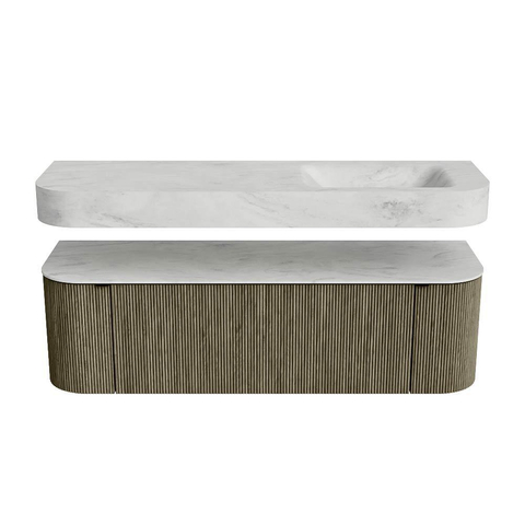 MONDIAZ THOR-DLUX 150cm badmeubel ronding links + rechts kleur Shadow met 1 lade en 2 deuren. Vrijhangende wastafel CLOUD Rechts zonder kraangat kleur Opalo. SW1464710