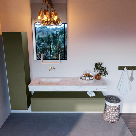 Mondiaz ALAN-DLUX Ensemble de meuble - 150cm - meuble Army mat - 1 tiroir - Lavabo Cloud Opalo suspendu - vasque Gauche - 0 trous de robinet SW806780