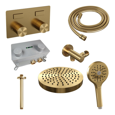 BRAUER Stripe Douche de tête thermostatique encastrable - boutons-poussoirs - SET 30 - pomme de douche 25cm - bras plafond - douchette 3 positions - flexible de douche - coude mural - PVD doré brossé SW1434855