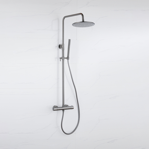 Fortifura Calvi Regendoucheset - thermostatisch - 25cm - hoofddouche - gladde slang - staaf handdouche - PVD - geborsteld gunmetal (antraciet) SW1204405