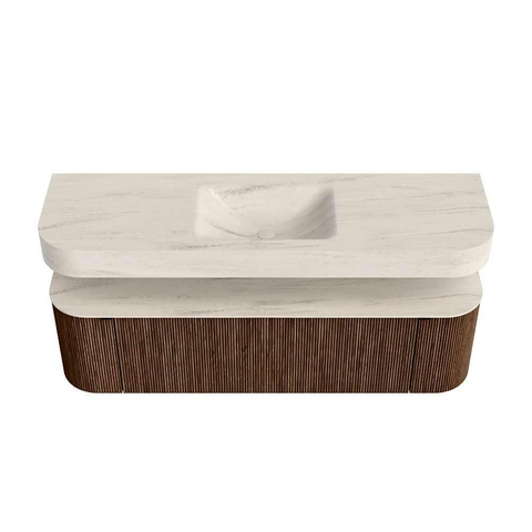 MONDIAZ THOR-DLUX 160cm meuble de salle de bains arrondi gauche + droite couleur Walnut avec 1 tiroir et 2 portes. Vasque suspendue CLOUD Centre sans trou de robinet couleur Meli. SW1465151